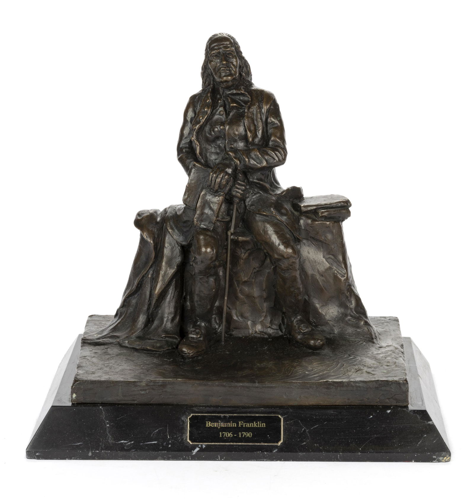 FELIX WEHLS DE WELDON (AUSTRIAN-AMERICAN, 1907-2003) BRONZE SCULPTURE OF BENJAMIN FRANKLIN: FELIX WEHLS DE WELDON (AUSTRIAN-AMERICAN, 1907-2003) BRONZE SCULPTURE OF BENJAMIN FRANKLIN, seated figure, signed and dated to reverse with presentation inscription '"to Charles Wood" in