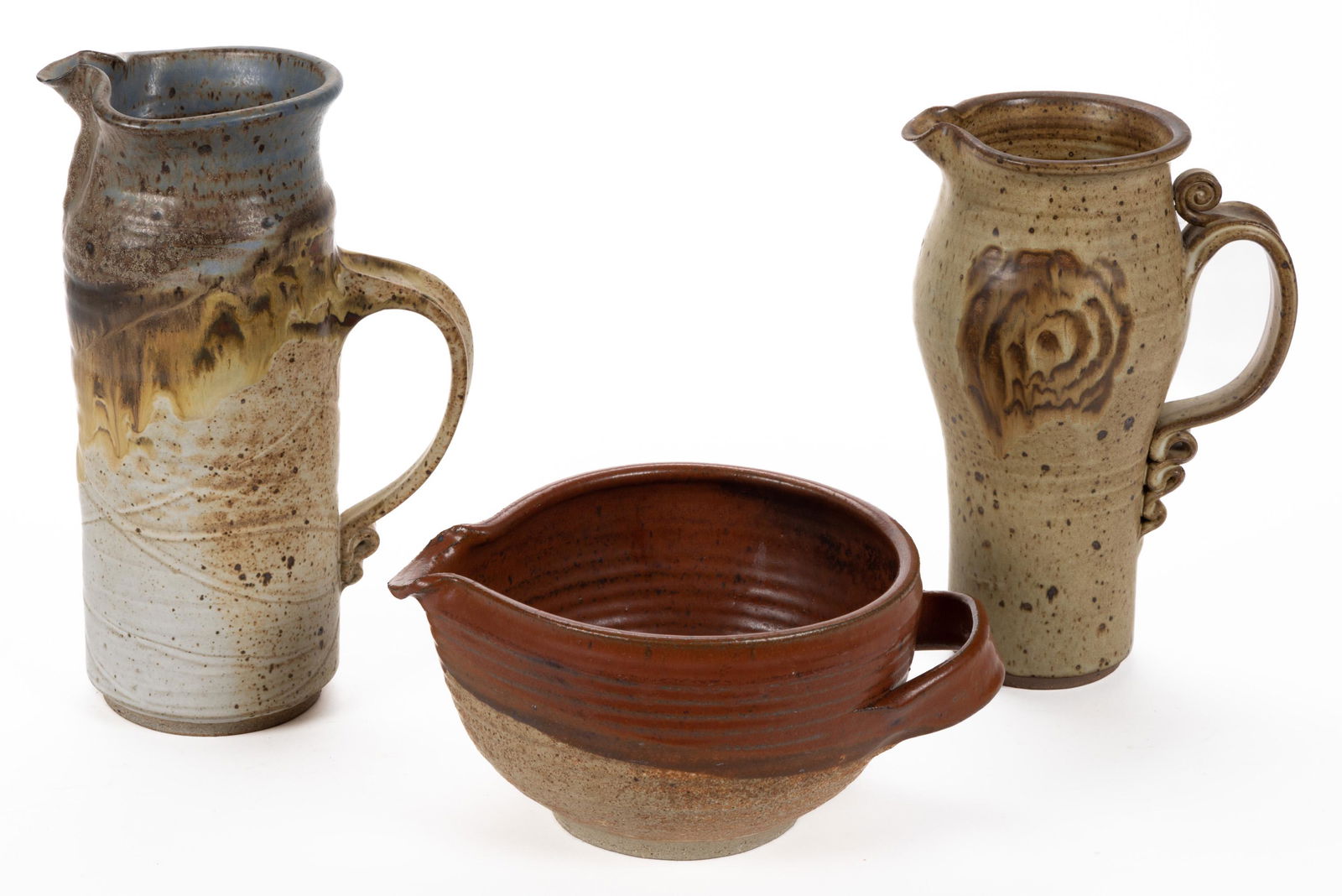 SIGNED JIM "HANGER", STAUNTON, VIRGINIA STUDIO POTTERY STONEWARE PITCHERS, LOT OF THREE (1 of 5)