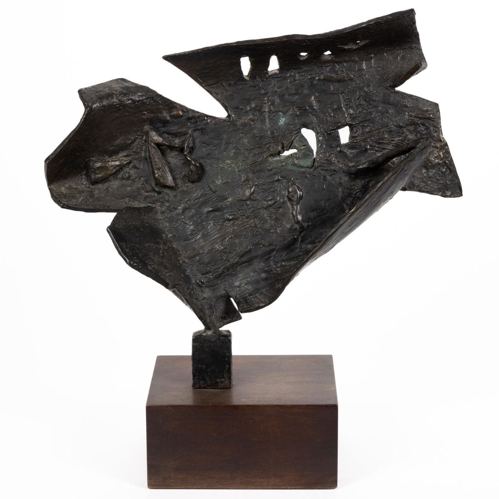 AMERICAN OR EUROPEAN BRUTALIST-STYLE BRONZE SCULPTURE: AMERICAN OR EUROPEAN BRUTALIST-STYLE BRONZE SCULPTURE, set on a wooden base, signed "Becker" at base. 21 1/2" HOA, 19 1/2" WOA. Circa 1970. Shipping Note: IN-HOUSE SHIPPING IS NOT AVAILABLE FOR THIS L