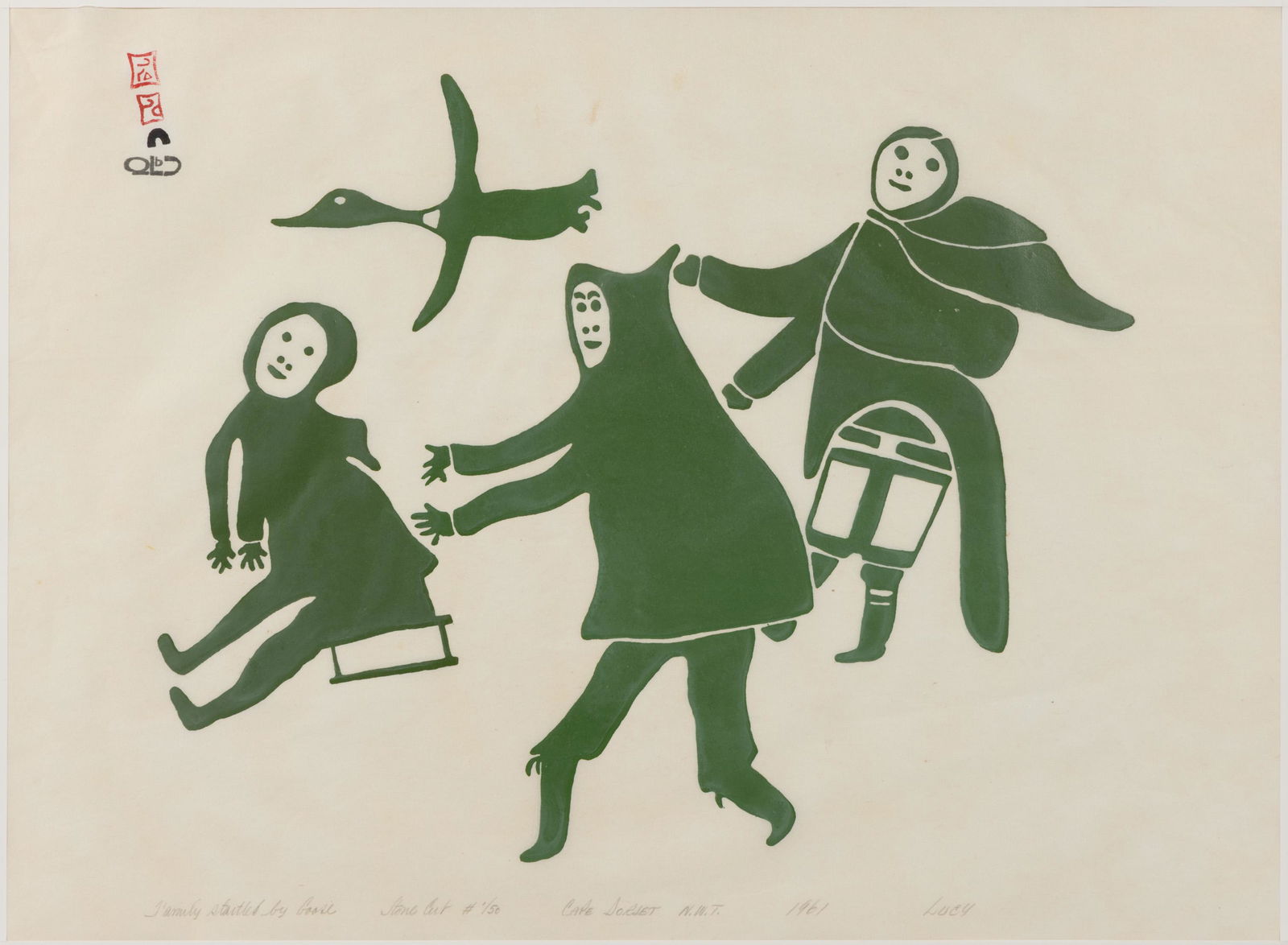 LUCY QINNUAYUAK (INUIT, 1915-1982) "FAMILY STARTLED BY GOOSE" PRINT (1 of 6)
