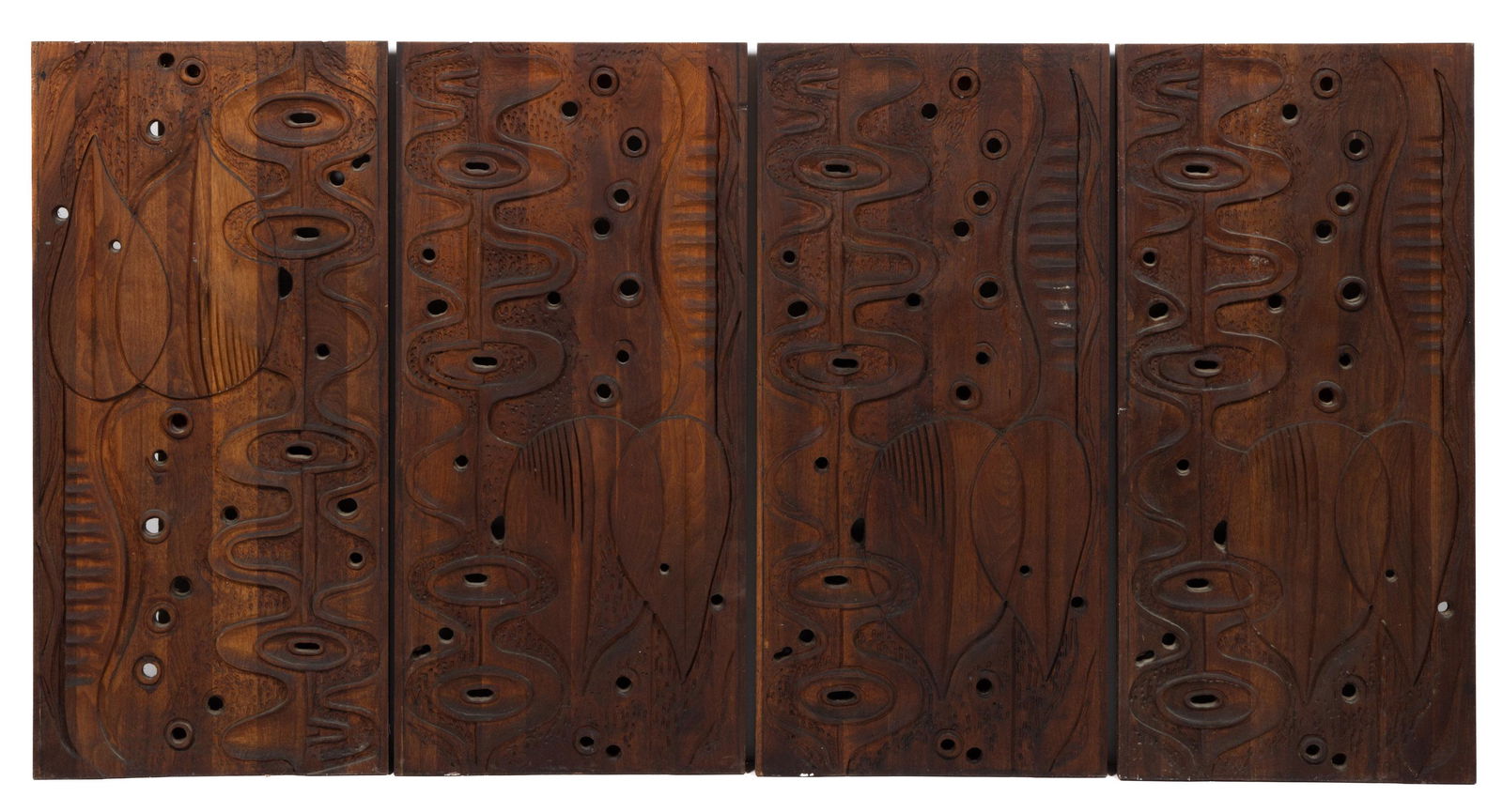 MID-CENTURY CARVED TEAKWOOD WALL PANELS, LOT OF FOUR (1 of 3)