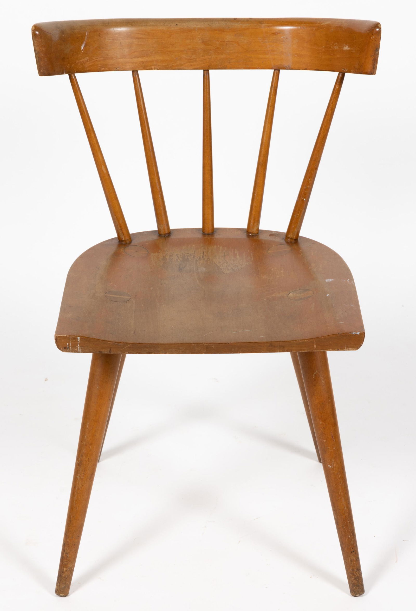 STYLE OF PAUL MCCOBB MID-CENTURY MODERN CHAIR: STYLE OF PAUL MCCOBB MID-CENTURY MODERN CHAIR, no markings located, spindle-back example. Retains an old surface with mild color. Possibly for the Planner Group. Circa 1960. 30" HOA, 17" H seat, 15" D