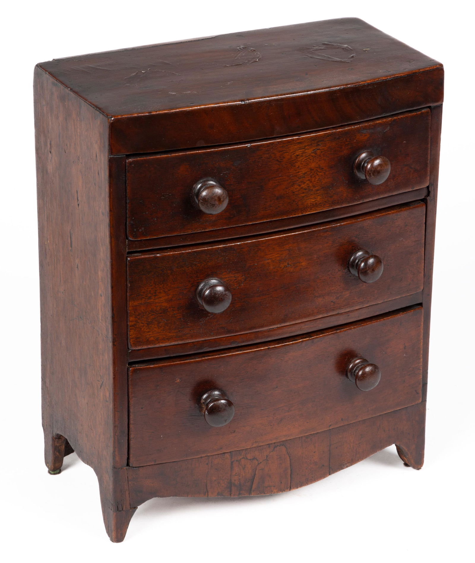 LATE GEORGIAN MAHOGANY BOW-FRONT MINIATURE CHEST OF DRAWERS (1 of 7)