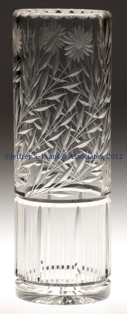 FRY CUT GLASS VASE: FRY CUT GLASS VASE, cylindrical shape with star-cut bottom, intaglio leaf, etched signature top inside rim. H. C. Fry Glass Co. First quarter 20th century. 11 3/4" HOA, 4 1/8" D rim. Provenance: Colle
