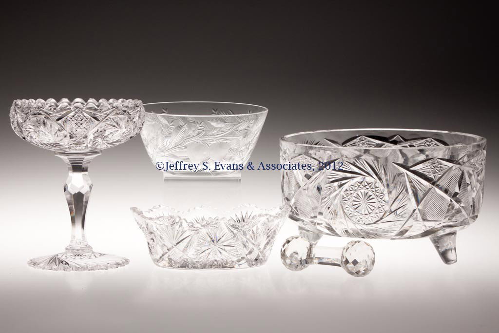 AMERICAN BRILLIANT CUT GLASS ARTICLES, LOT OF FIVE: AMERICAN BRILLIANT CUT GLASS ARTICLES, LOT OF FIVE, comprising a pinwheel compote, mayonnaise dish with Clark etched signature, ferner, signed Hawkes Gravic bowl, and a facet-cut knife rest. T. B. Cla