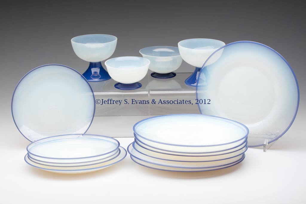 FRY ART GLASS ARTICLES, LOT OF 16: FRY ART GLASS ARTICLES, LOT OF 16, comprising two Foval #2300 egg cups, Delft foot; seven Foval #2504 plates, Delft edge; two Foval berry dishes, Delft base; four Foval salad plates, Delft edge, and a