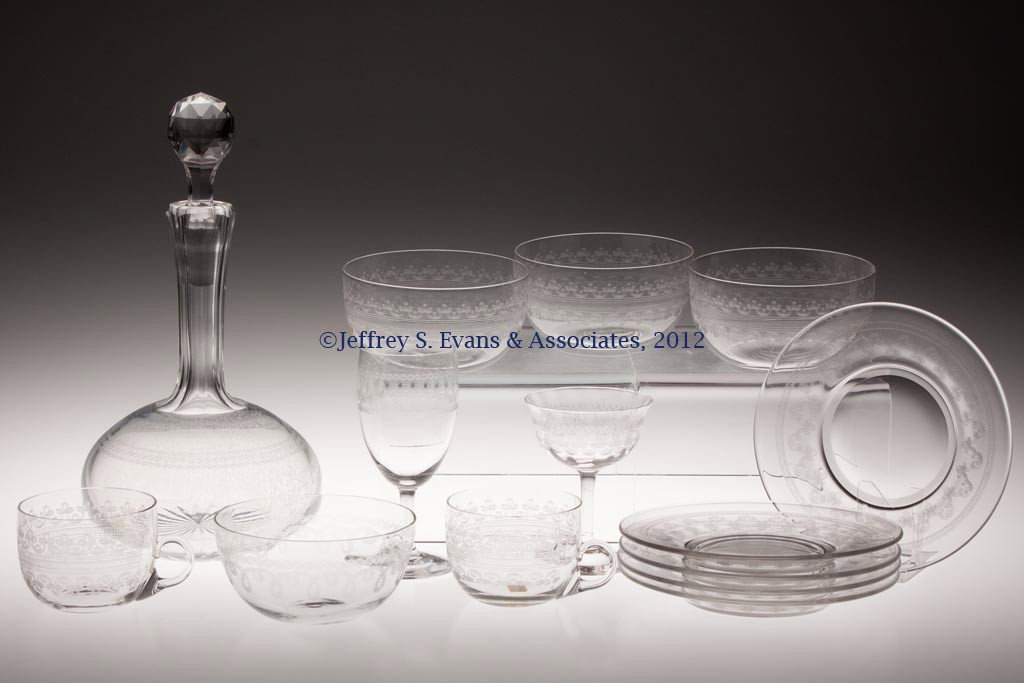 FRY ETCHED GLASS ARTICLES, LOT OF 14: FRY ETCHED GLASS ARTICLES, LOT OF 14, comprising NE 282 pattern wine, plates, finger bowls; NE 272 pattern punch cup, wine, finger bowl; wine decanter, faceted long neck, wheel cut chain around middle