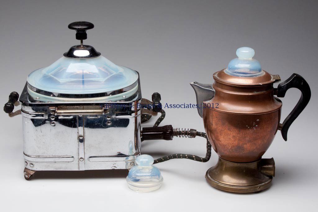FRY KITCHENWARE APPLIANCES, LOT OF TWO: FRY KITCHENWARE APPLIANCES, LOT OF TWO, comprising a Bersted Model 302 Popcorn Popper with opalescent Fry cover, and a Royal Rochester coffee pot with opalescent Fry insert. Along with an extra insert