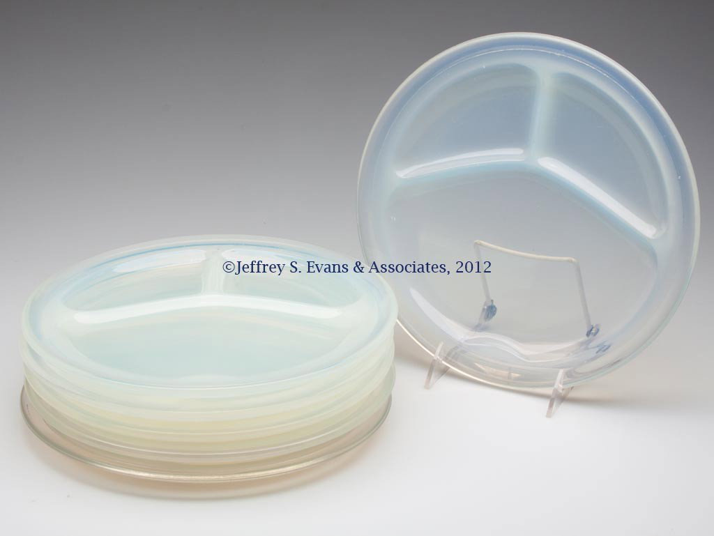 FRY KITCHENWARE GRILL PLATES, SET OF SIX: FRY KITCHENWARE GRILL PLATES, SET OF SIX, opalescent, three with lettering under rim. H. C. Fry Glass Co. First half 20th century. 10 1/2" D. Provenance: Collection of Jack & Dorothy Jordan.