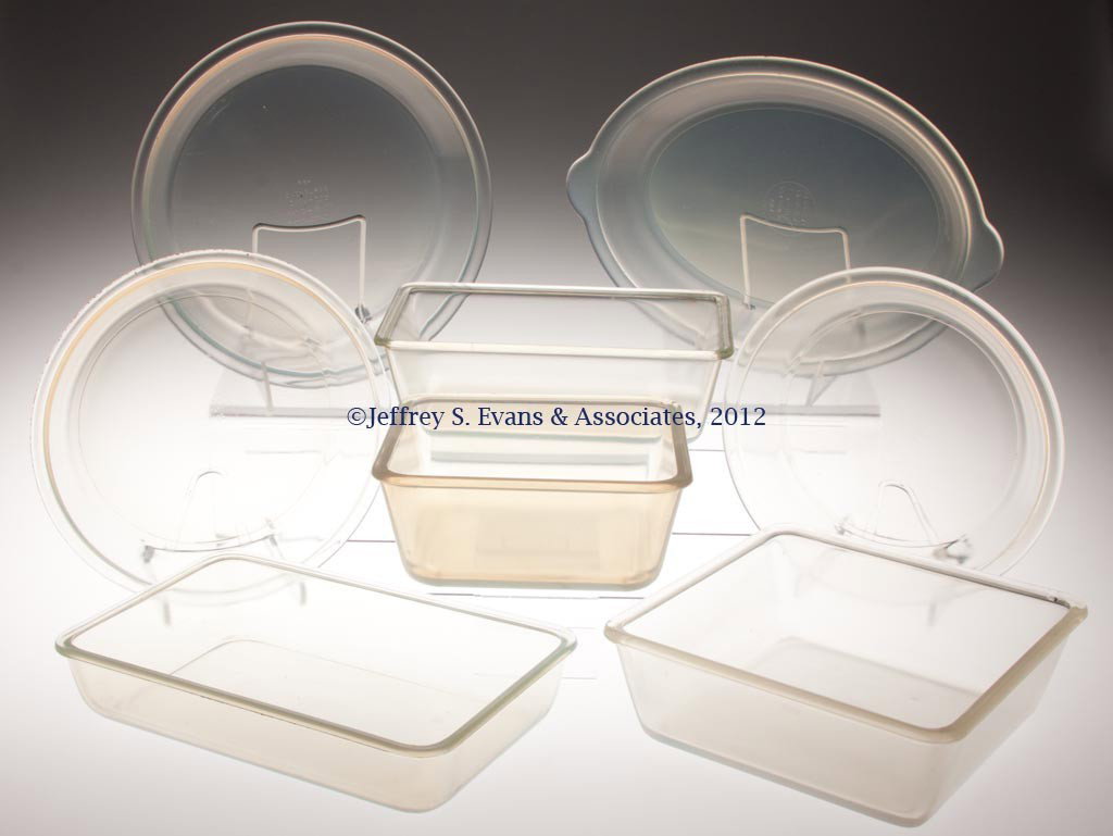 FRY KITCHENWARE ARTICLES, LOT OF EIGHT: FRY KITCHENWARE ARTICLES, LOT OF EIGHT, opalescent, various size round, square and oval baking dishes. H. C. Fry Glass Co. First half 20th century. Various sizes. Provenance: Collection of Jack & Doro