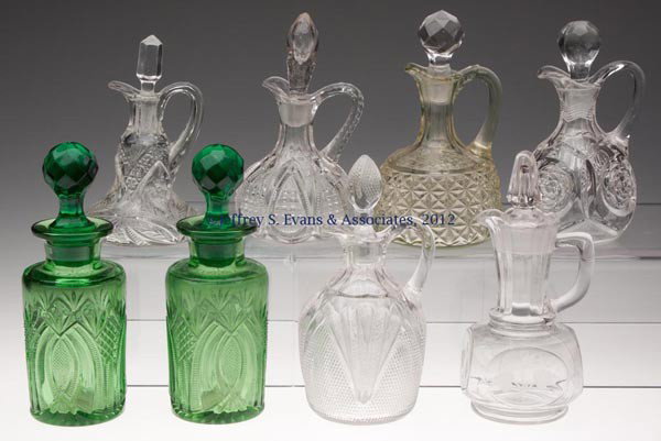 VARIOUS EAPG ARTICLES, LOT OF EIGHT: VARIOUS EAPG ARTICLES, LOT OF EIGHT, various colors, including a vaseline Duncan Bagware cruet with inappropriate stopper, a Duncan No. 50/Block and Rosette cruet with press-facetted stopper, and a pa