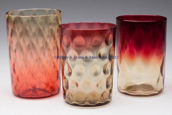 VARIOUS OPTIC PATTERN TUMBLERS, LOT OF THREE: VARIOUS OPTIC PATTERN TUMBLERS, LOT OF THREE, amberina and reverse amberina, comprising Diamond, Honeycomb with polished pontil mark, and Inverted Thumbprint. Diamond Optic example probably Phoenix Ar