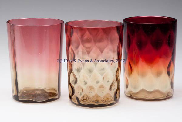 VARIOUS OPTIC PATTERN TUMBLERS, LOT OF THREE: VARIOUS OPTIC PATTERN TUMBLERS, LOT OF THREE, amberina, comprising Honeycomb with polished pontil mark, Inverted Thumbprint and Ribbed examples. Late 19th/early 20th century. 3 3/4" H. Provenance: Jer