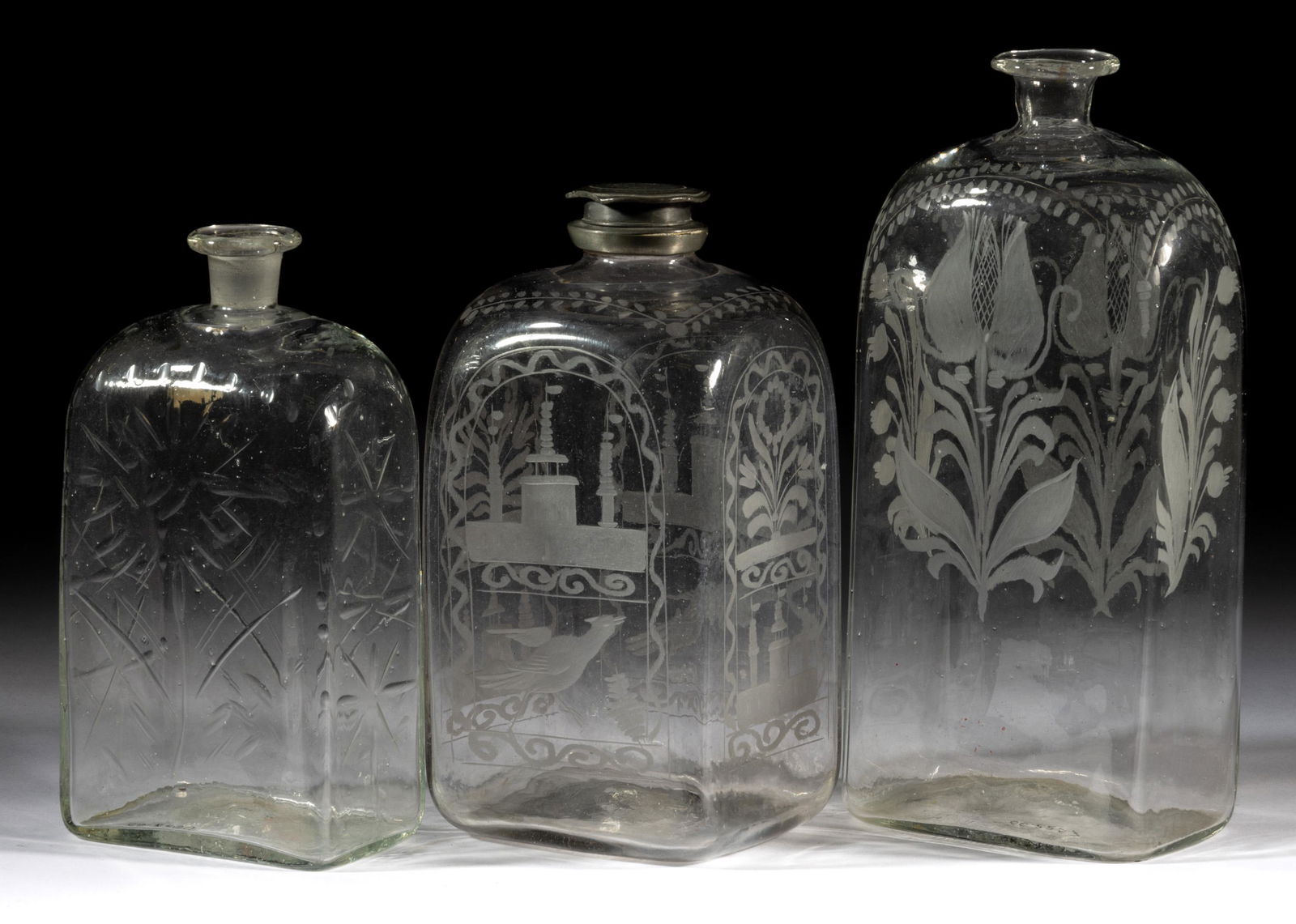 GERMAN / BOHEMIAN HALF-POST BLOWN AND ENGRAVED DECANTERS, LOT OF THREE (1 of 1)