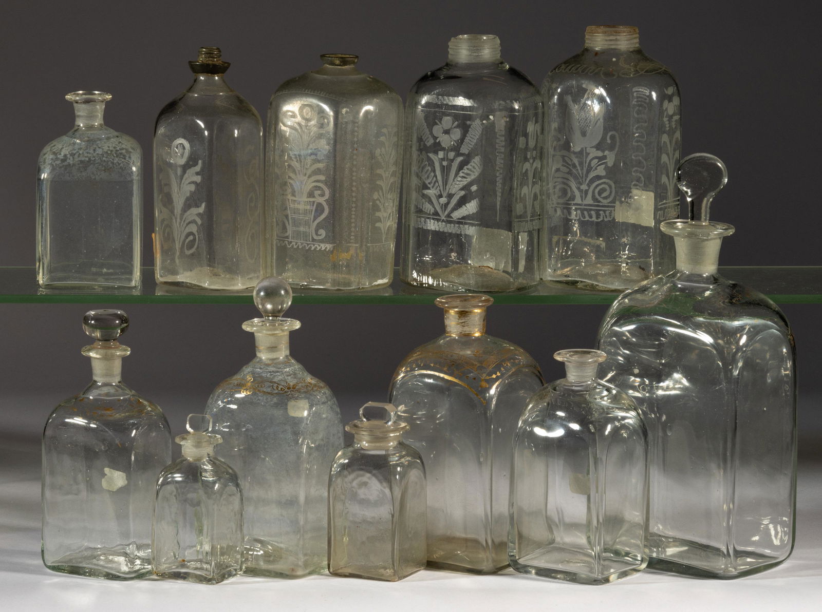 ASSORTED FREE-BLOWN GLASS DECANTERS / BOTTLES, LOT OF 12 (1 of 1)