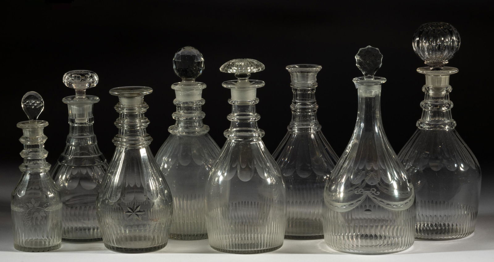 ASSORTED CUT GLASS DECANTERS, LOT OF EIGHT (1 of 1)
