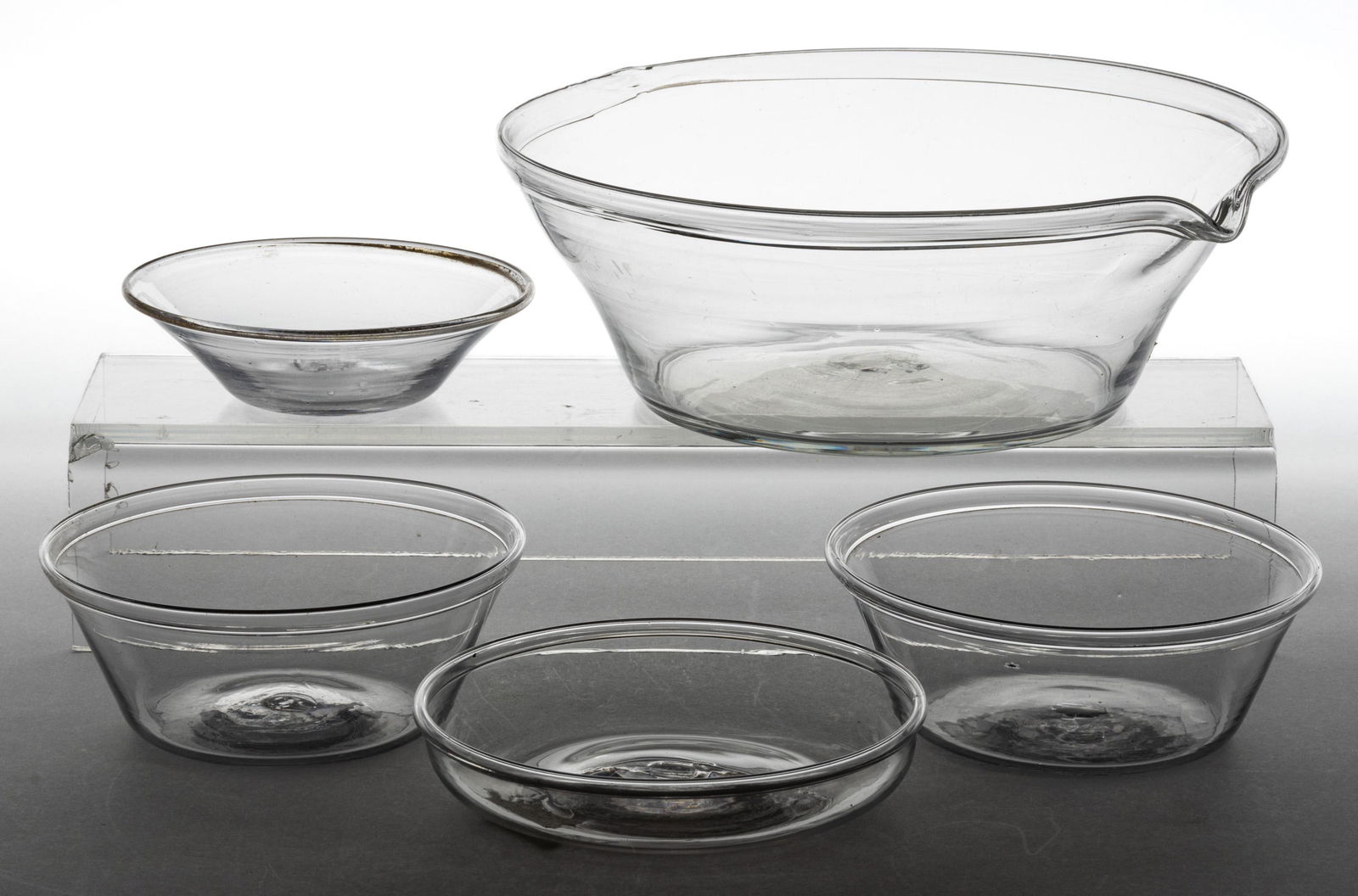 FREE-BLOWN GLASS BOWLS / PANS, LOT OF FIVE (1 of 1)