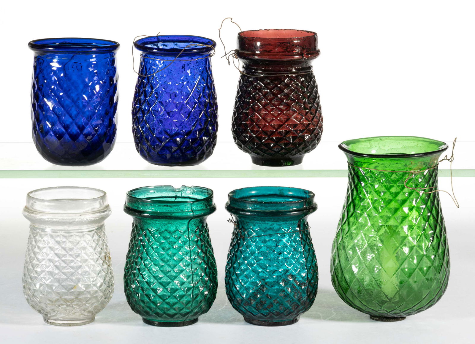 DIAMOND-PATTERN MOLDED GLASS CHRISTMAS LIGHTS, LOT OF SEVEN (1 of 1)