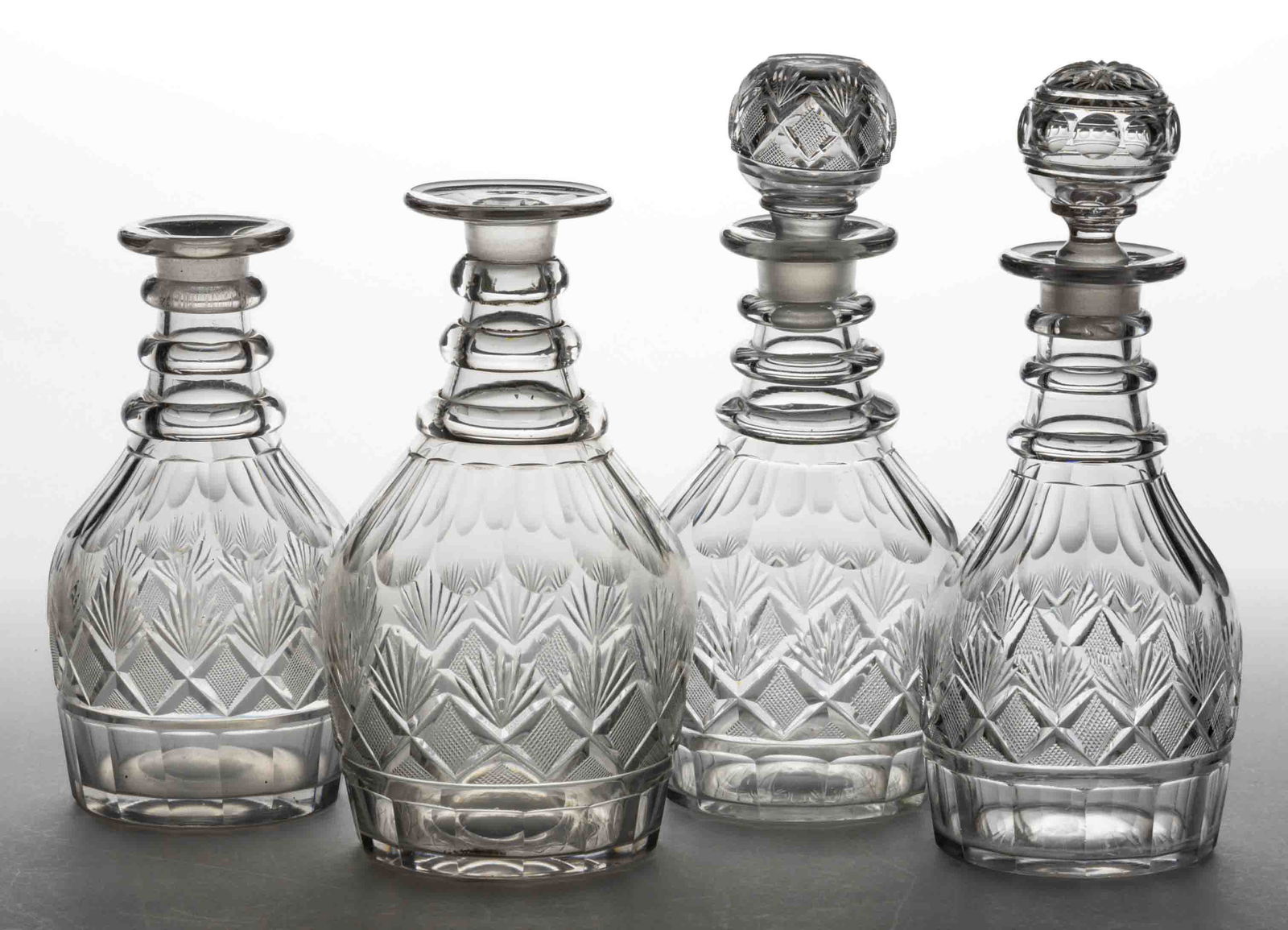 CUT STRAWBERRY DIAMONDS AND FANS PINT DECANTERS, LOT OF FOUR (1 of 1)