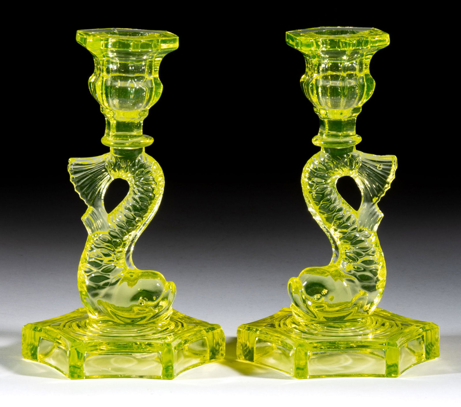 Pressed Dolphin Hexagonal Base Pair Of Candlesticks