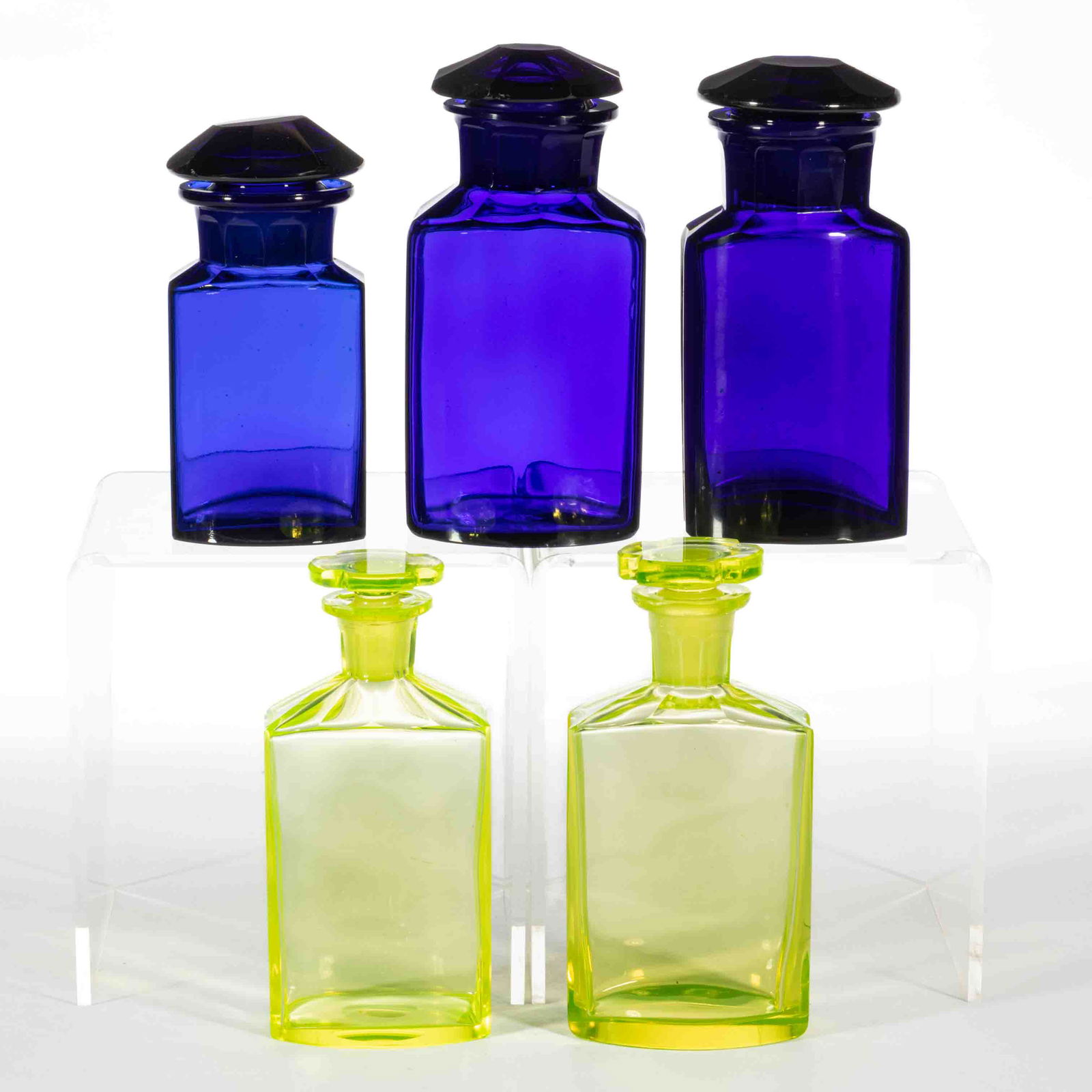 ASSORTED CUT GLASS APOTHECARY BOTTLES, LOT OF FIVE (1 of 1)