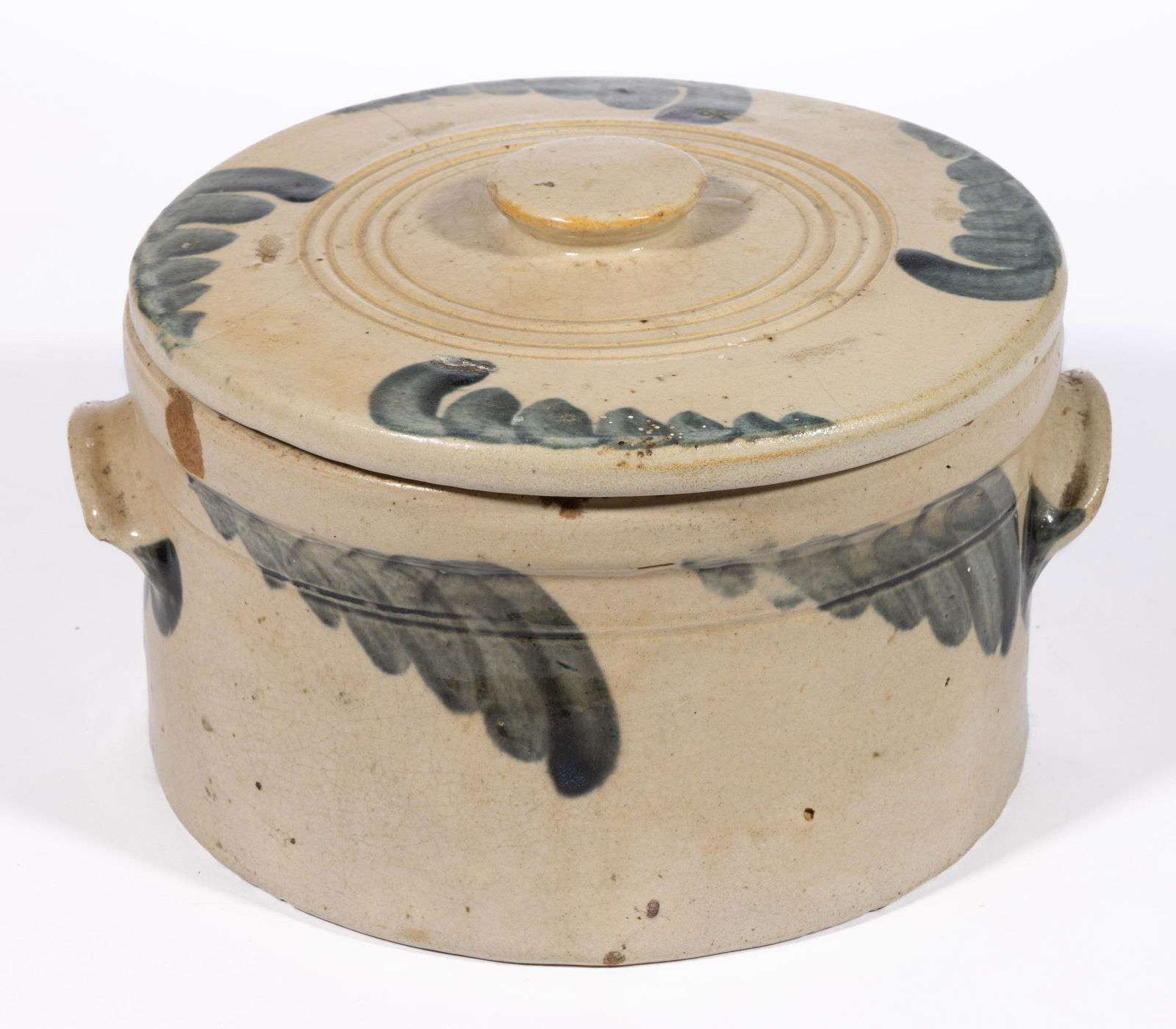 THOMAS HAIG ATTRIBUTED, PHILADELPHIA, PENNSYLVANIA DECORATED STONEWARE CAKE CROCK WITH COVER (1 of 5)