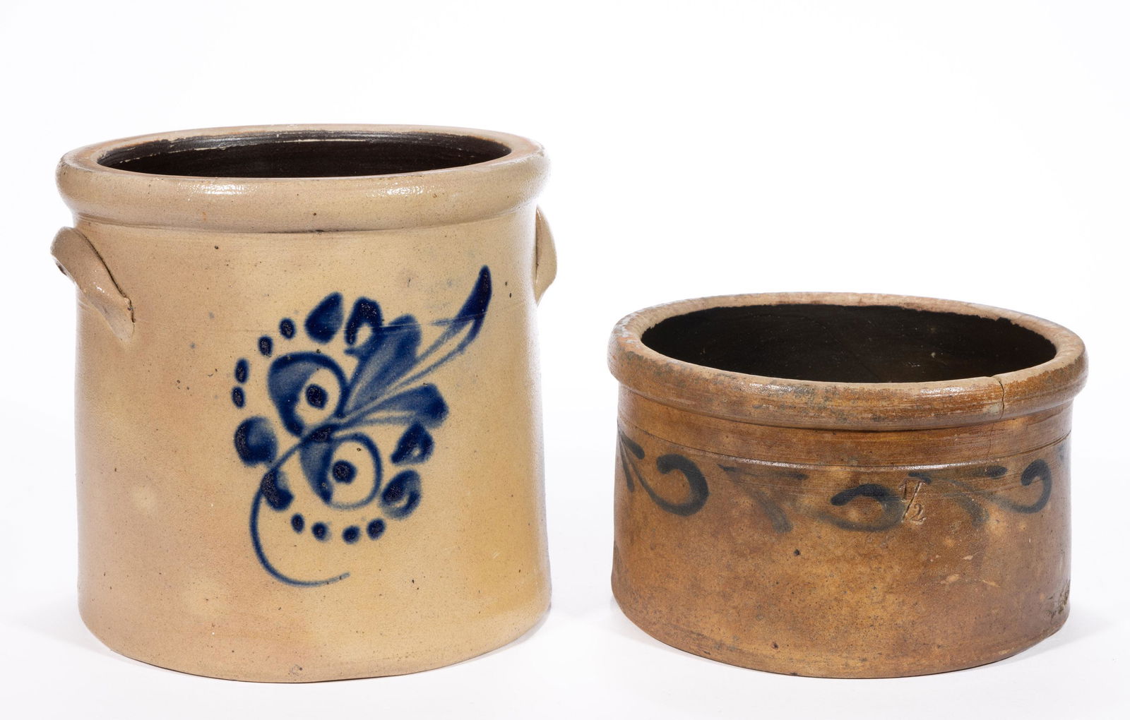NORTHEASTERN DECORATED STONEWARE CROCKS, LOT OF TWO (1 of 5)