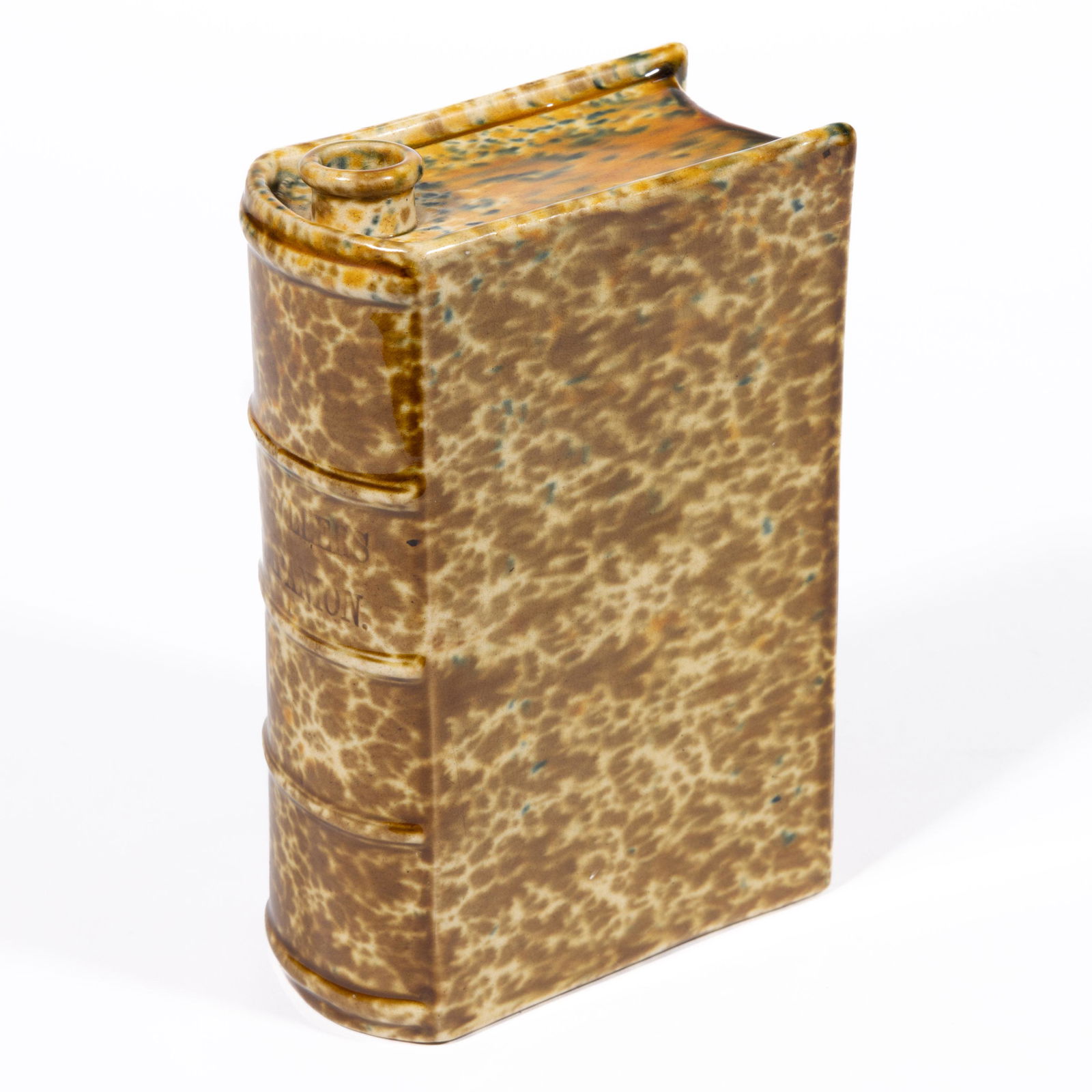 AMERICAN BENNINGTON ATTRIBUTED FLINT ENAMEL ROCKINGHAM-GLAZED POTTERY BOOK FLASK (1 of 2)