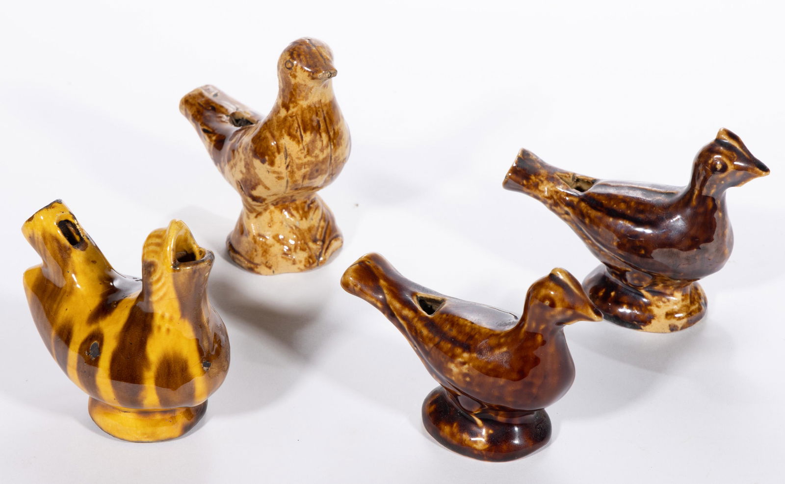 ASSORTED EARTHENWARE / REDWARE FIGURAL BIRD WHISTLES, LOT OF FOUR (1 of 2)