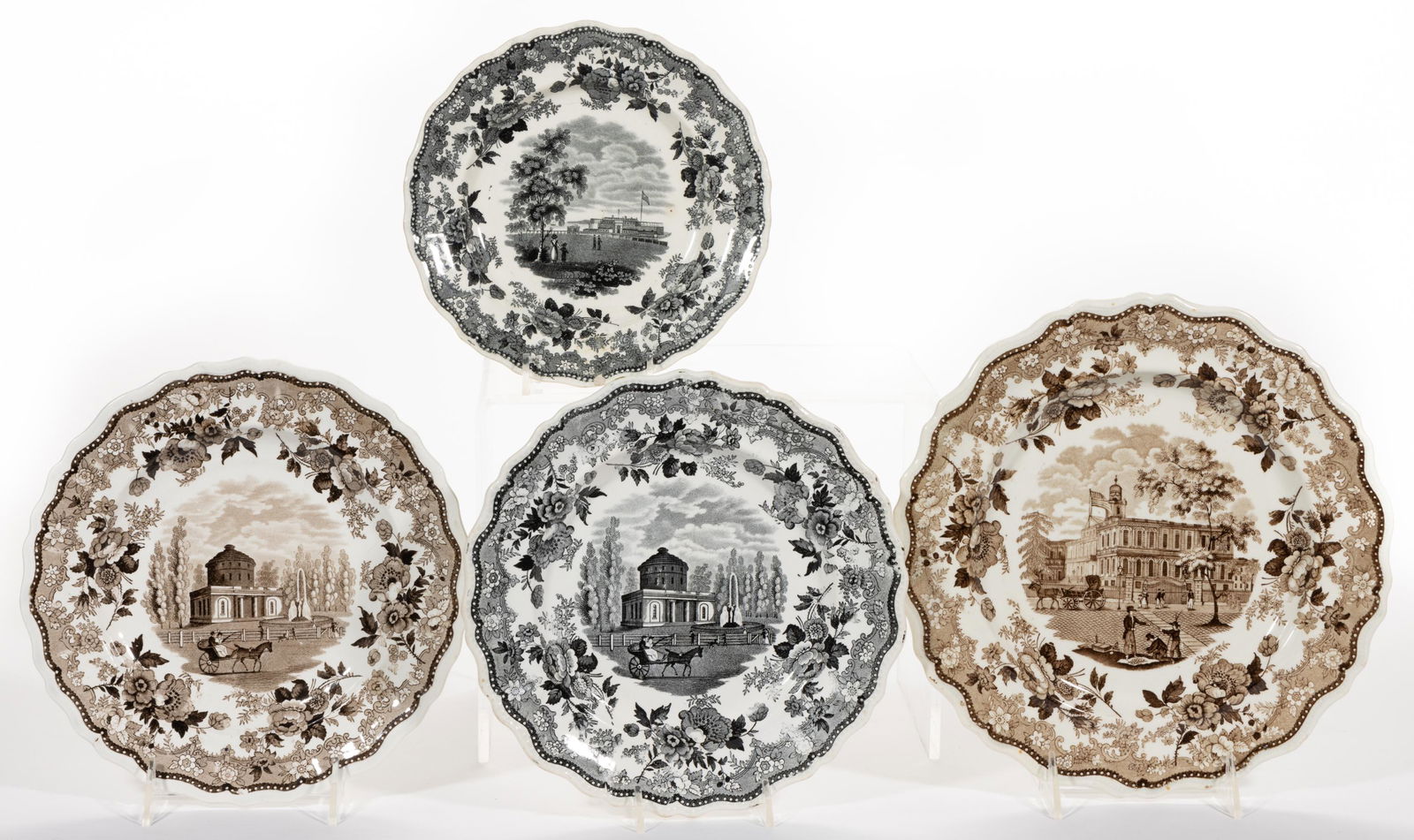 STAFFORDSHIRE AMERICAN VIEW TRANSFER-PRINTED CERAMIC PLATES, LOT OF FOUR (1 of 2)