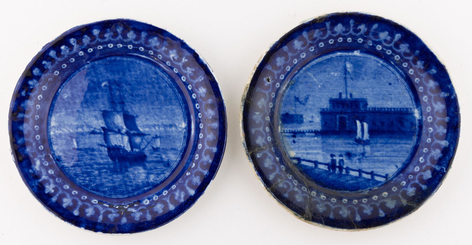 STAFFORDSHIRE AMERICAN / NAUTICAL VIEW TRANSFER-PRINTED CERAMIC CUP PLATES, LOT OF TWO (1 of 2)