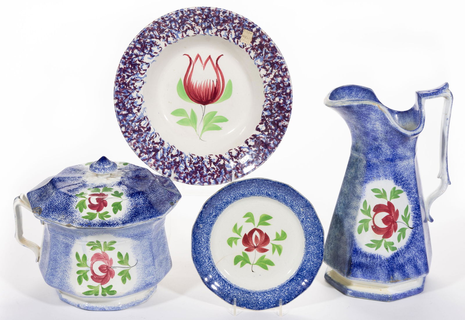 ENGLISH SPATTERWARE FLORAL MOTIF CERAMIC ARTICLES, LOT OF FOUR (1 of 2)