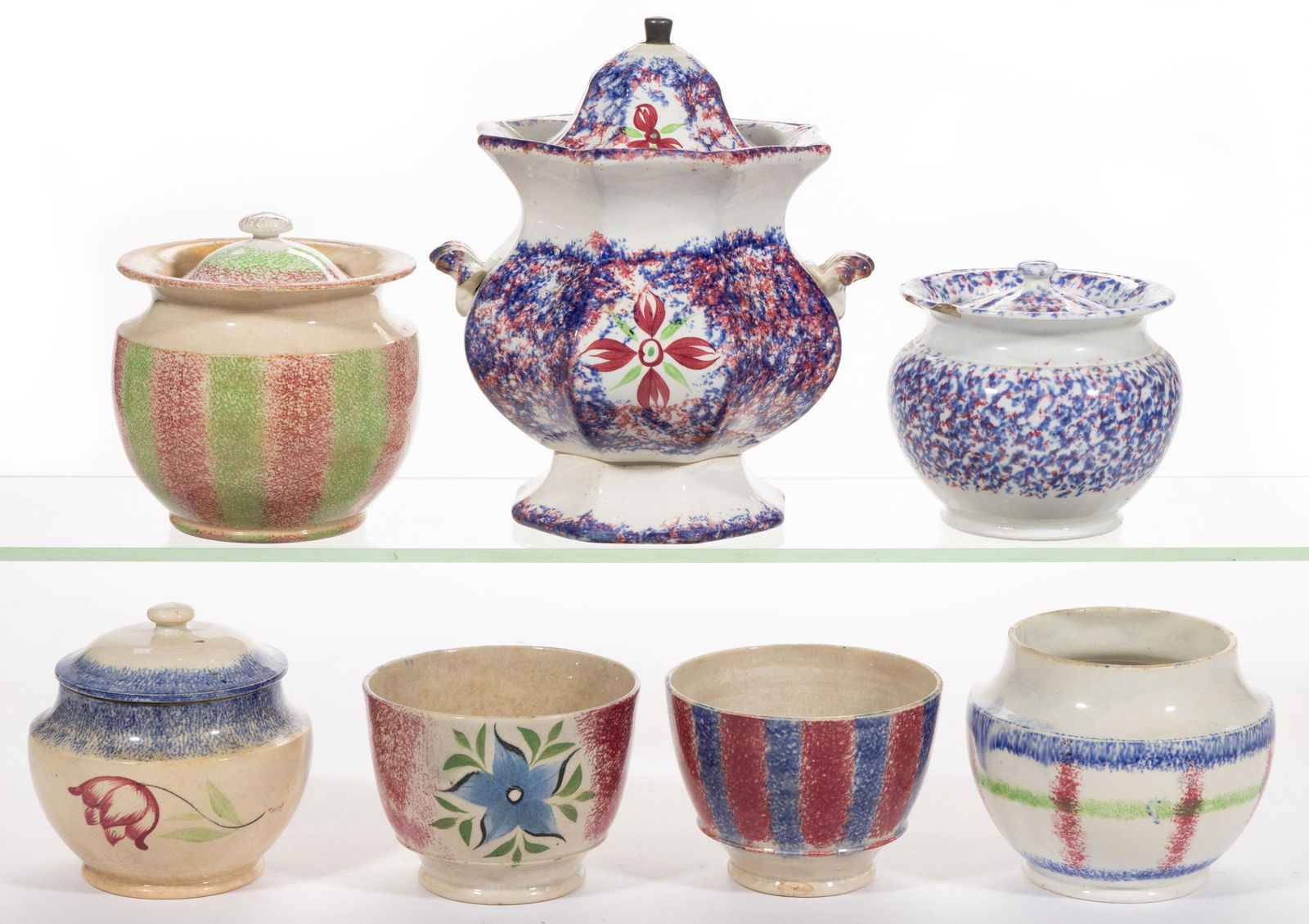 ENGLISH SPATTERWARE CERAMIC SUGAR BOWLS, LOT OF SEVEN (1 of 1)