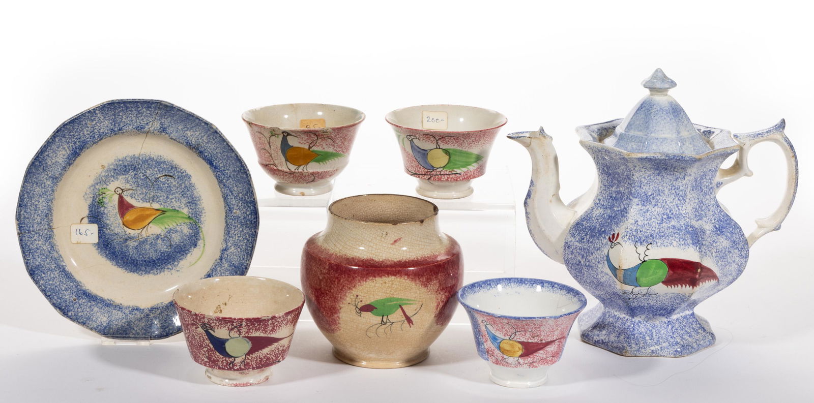 ENGLISH SPATTERWARE PEAFOWL CERAMIC TEA ARTICLES, LOT OF SEVEN (1 of 1)