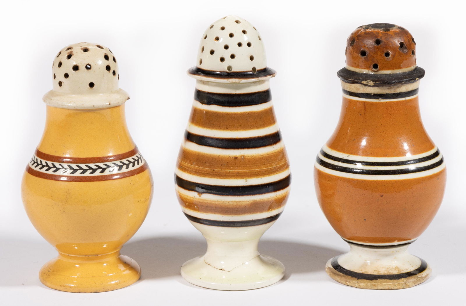 BRITISH CREAMWARE DIPPED WARE / MOCHA CERAMIC PEPPER POTS, LOT OF THREE (1 of 2)