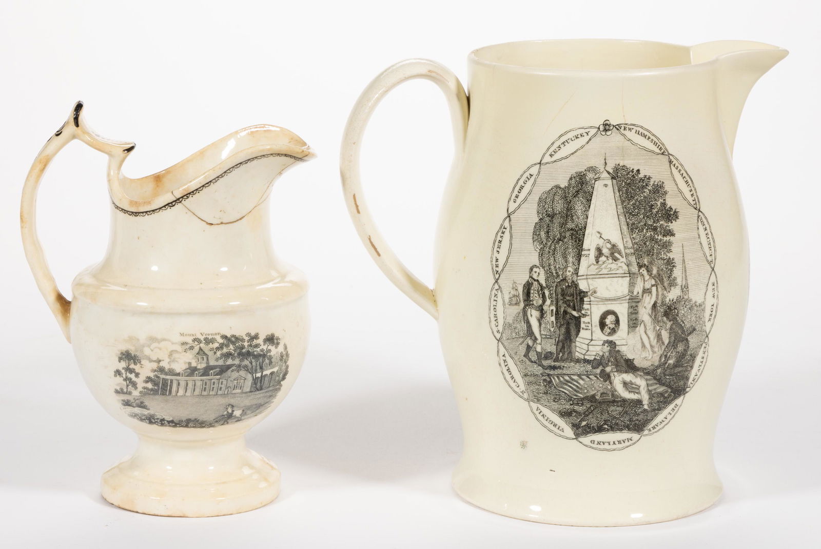 ENGLISH CREAMWARE AMERICAN HISTORICAL / GEORGE WASHINGTON TRANSFER-PRINTED CERAMIC JUGS / PITCHERS,  (1 of 5)
