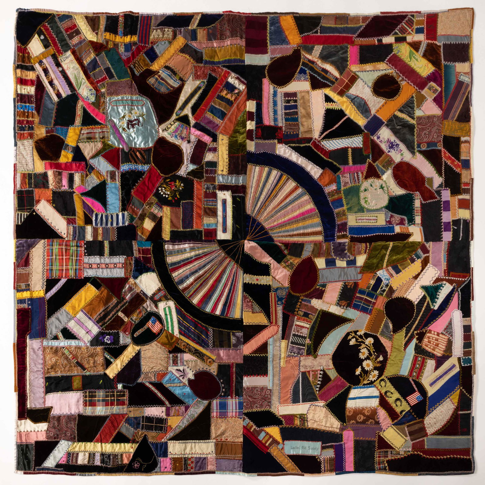 WASHINGTON, DC / MARYLAND SIGNED AND DATED "CRAZY QUILT"-STYLE PIECED AND EMBROIDERED COMFORT / BED  (1 of 11)