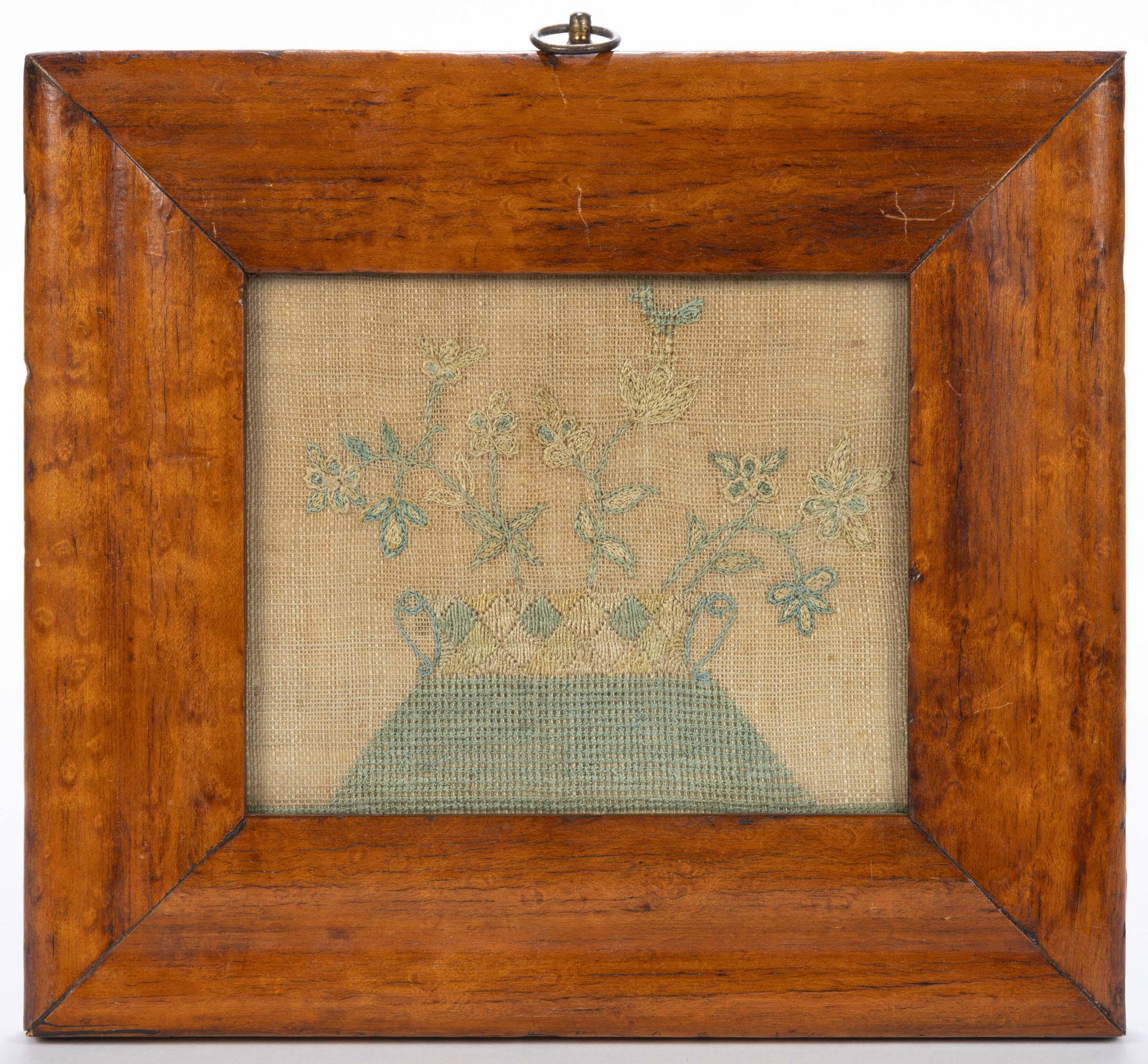 MASSACHUSETTS ATTRIBUTED PICTORIAL NEEDLEWORK SAMPLER FRAGMENT (1 of 2)