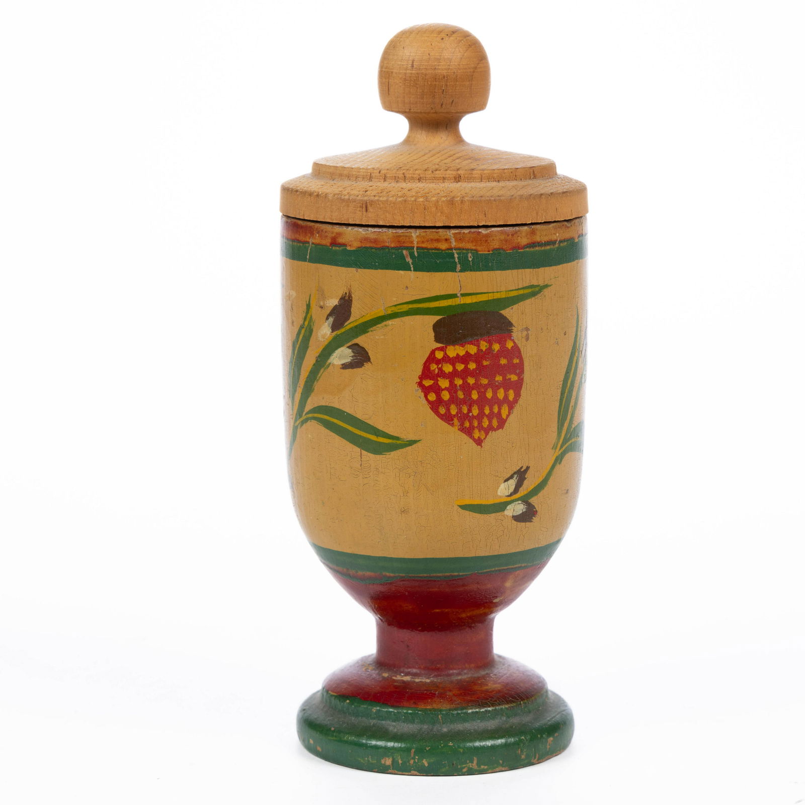 LEHNWARE-TYPE FOOTED SAFFRON CUP: LEHNWARE-TYPE FOOTED SAFFRON CUP, turned pine with original polychrome painted surface depicting strawberries against a yellow ground, stamped on the underside "JBB / 1932". Done in the mann