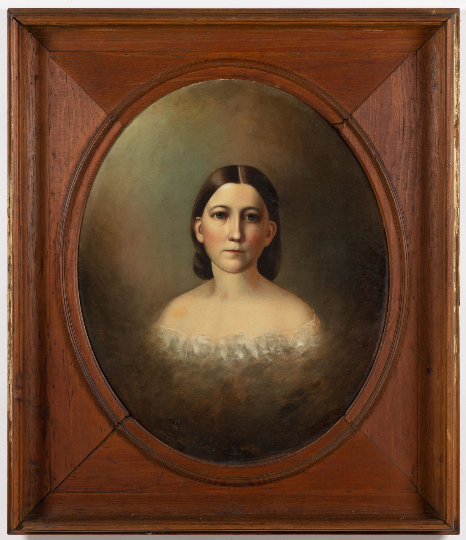 AMERICAN SCHOOL (19TH CENTURY) FOLK ART PORTRAIT OF A YOUNG LADY: AMERICAN SCHOOL (19TH CENTURY) FOLK ART PORTRAIT OF A YOUNG LADY, oil on canvas laid to board, waist-length depiction of sitter wearing a white off-the-shoulder dress, no signature located. House