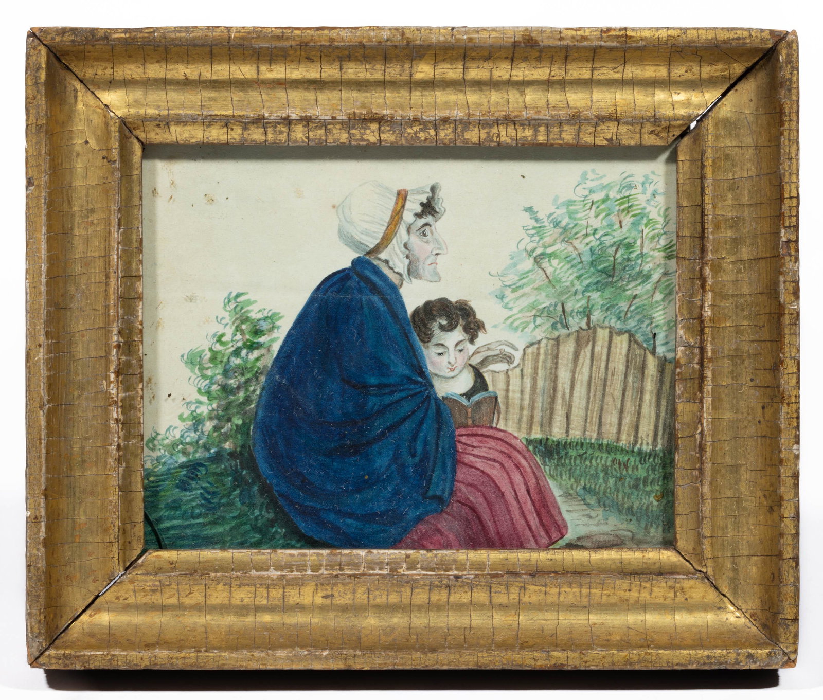 AMERICAN SCHOOL (19TH CENTURY) FOLK ART PORTRAIT: AMERICAN SCHOOL (19TH CENTURY) FOLK ART PORTRAIT, watercolor on paper, depicting an elderly sitter with child, no signature located. Housed under glass in a period gilt frame. 19th century. 3" x 