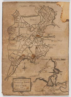 AMERICAN REVOLUTIONARY WAR MAP OF BOSTON, MASSACHUSETTS: AMERICAN REVOLUTIONARY WAR MAP OF BOSTON, MASSACHUSETTS, uncolored engraving on paper, A New and Correct Plan of the Town of Boston and Provincial Camp, engraved by Robert Aitken (Ameri