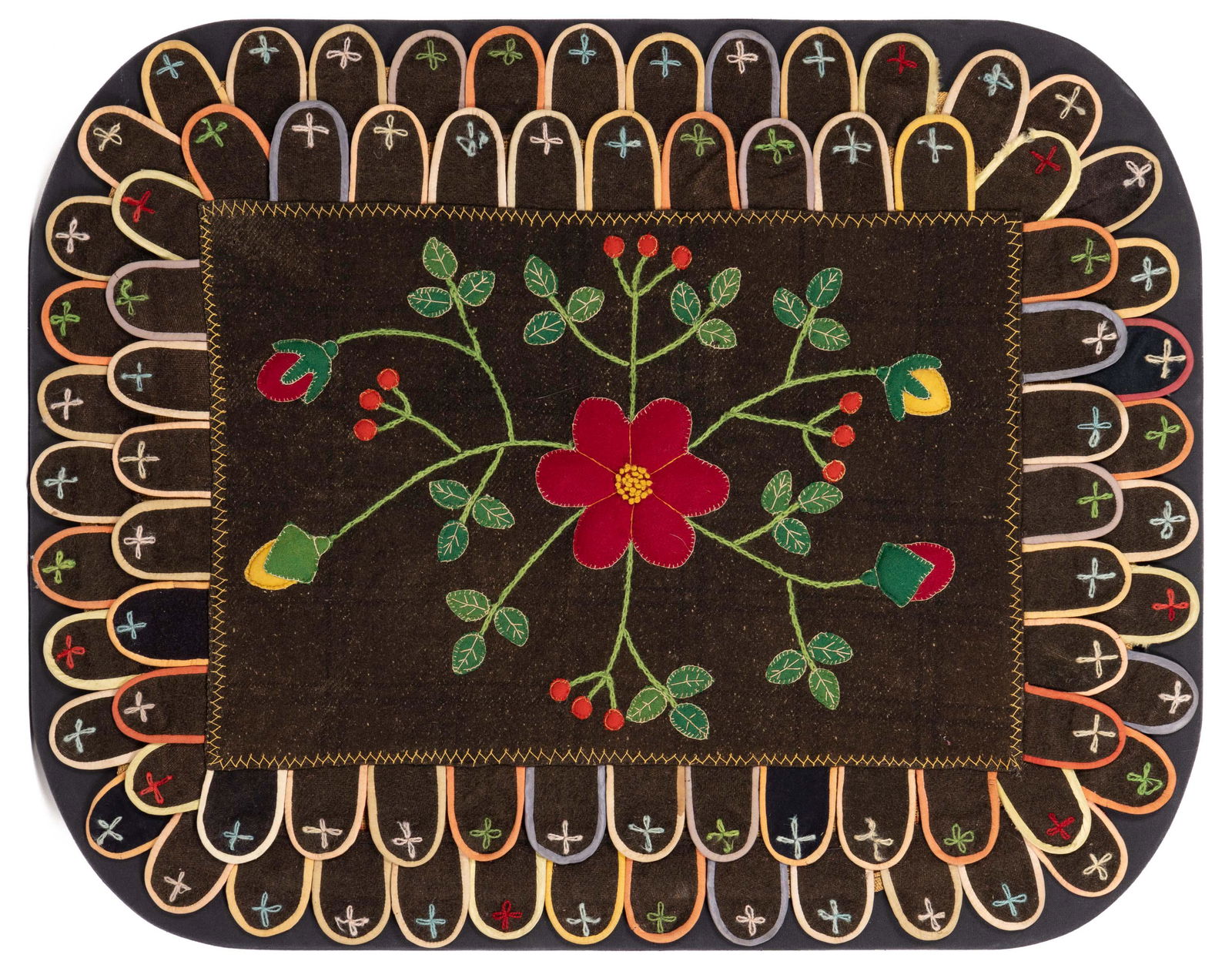 AMERICAN, POSSIBLY AMISH, PENNSYLVANIA / OHIO, FOLK ART TRAPUNTO AND EMBROIDERED WOOL TABLE MAT / (1 of 4)