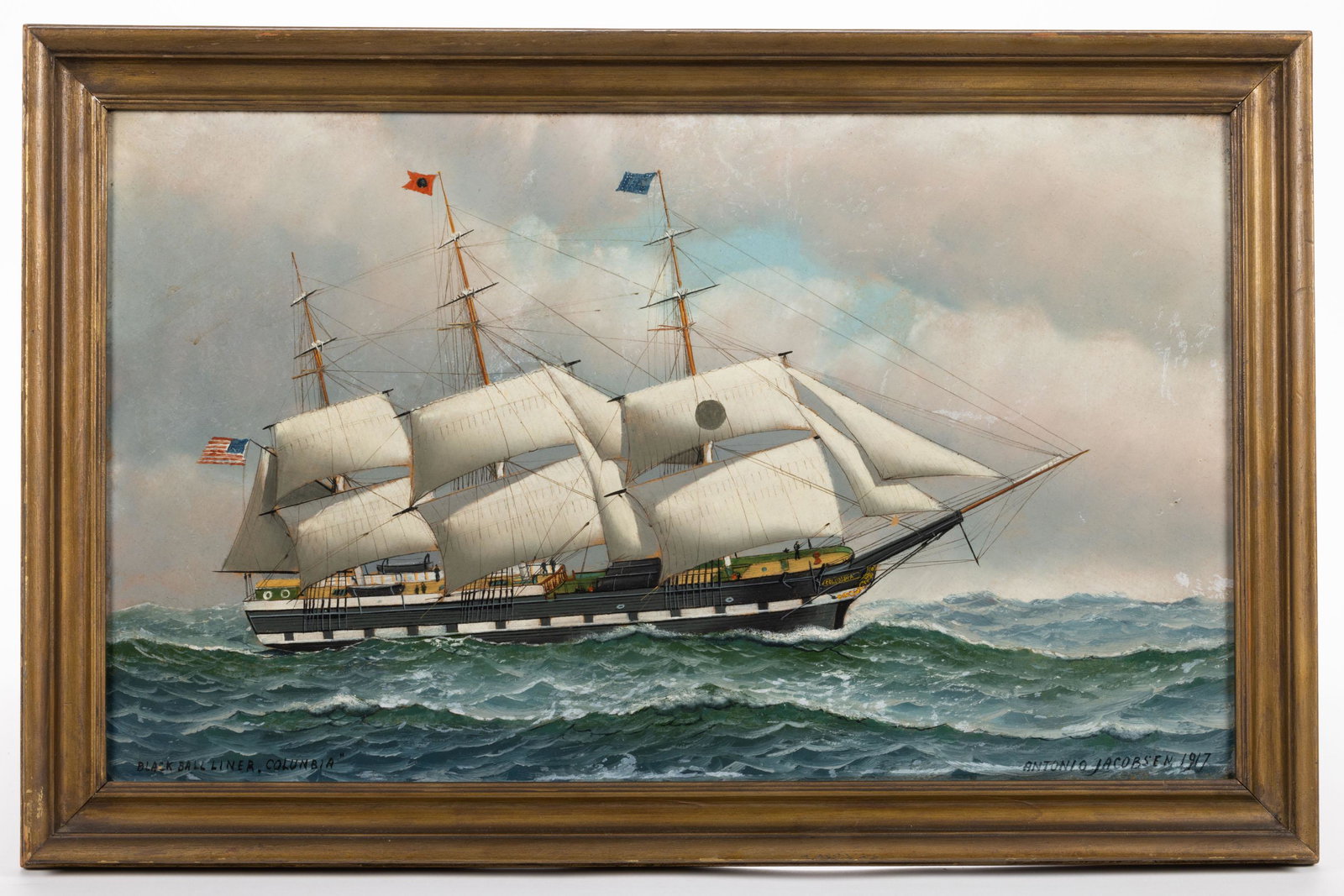 ANTONIO JACOBSEN (AMERICAN / DANISH, 1850-1921) "BLACK BALL LINER COLUMBIA" MARINE PAINTING (1 of 11)