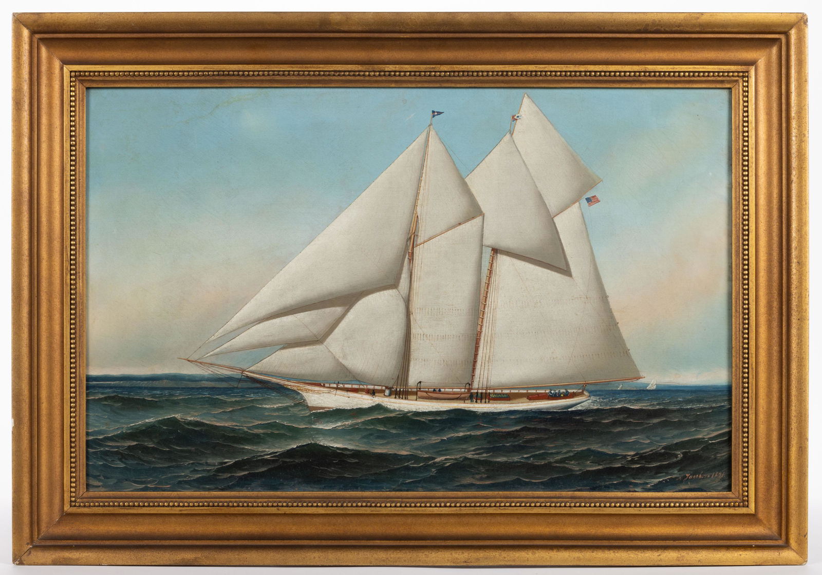ANTONIO JACOBSEN (AMERICAN / DANISH, 1850-1921) "DAUNTLESS" SCHOONER PAINTING: ANTONIO JACOBSEN (AMERICAN / DANISH, 1850-1921) "DAUNTLESS" SCHOONER PAINTING, oil on canvas, depicting a yacht / schooner flying the American flag, signed and dated lower right, and with inscribed la