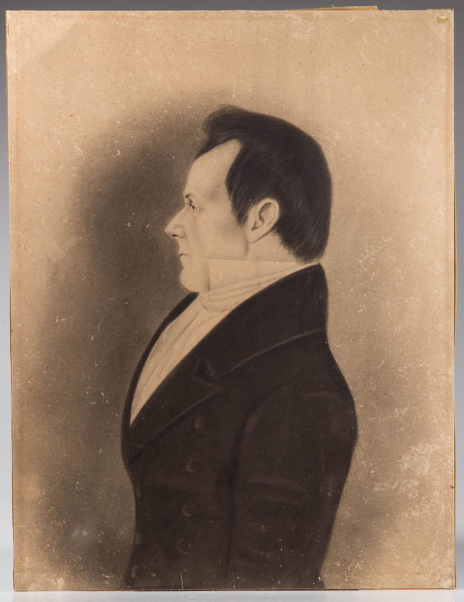 VIRGINIA FOLK ART PORTRAIT OF JOHN WOODSON (1786 - AFT. 1840): VIRGINIA FOLK ART PORTRAIT OF JOHN WOODSON (1786 - AFT. 1840), large format pencil and charcoal on paper, a fine example depicting in profile a distinguished gentleman with high collar, executed in th
