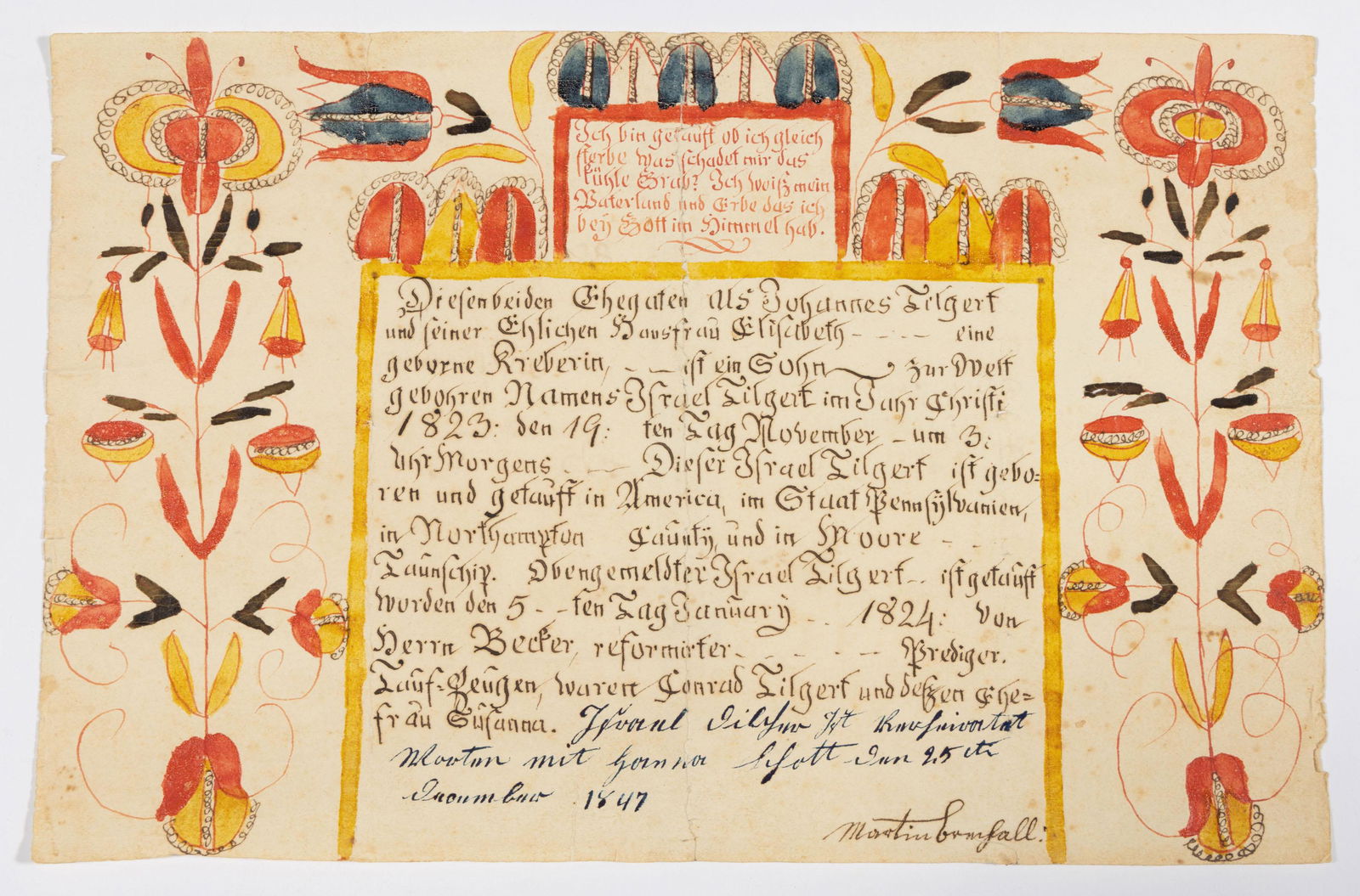 MARTIN BRECHALL (SOUTHEASTERN PENNSYLVANIA, ACT. 1783-1830) FOLK ART FRAKTUR BIRTH AND BAPTISMAL (1 of 5)