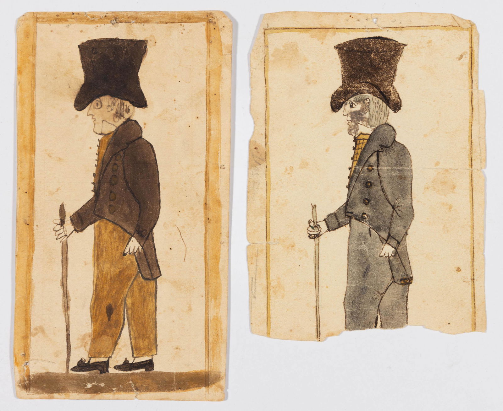 LEHIGH / NORTHAMPTON CO., PENNSYLVANIA SCHOOLBOY FOLK ART FRAKTUR FIGURAL DRAWINGS, LOT OF TWO (1 of 2)