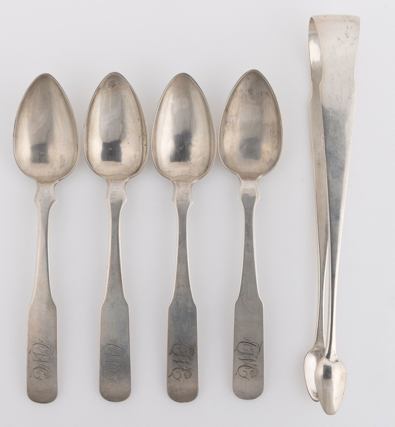 AMERICAN COIN SILVER TEASPOONS AND SUGAR TONGS, LOT OF FIVE (1 of 3)