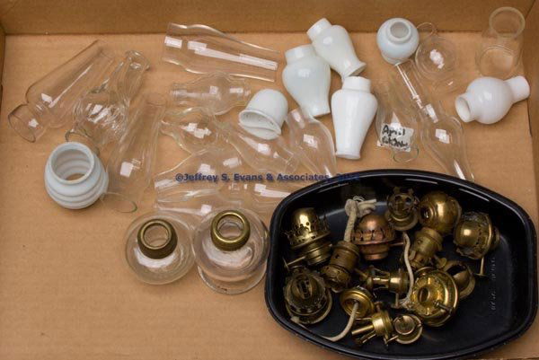 VARIOUS MINIATURE LAMP ACCESSORIES, LOT OF 37: VARIOUS MINIATURE LAMP ACCESSORIES, LOT OF 37, comprising a Fire Fly bracket lamp font and an unpatterned lamp; thirteen burners and a deflector, including four Olmsted type, a H. B. & H "Ne Plus Ultr